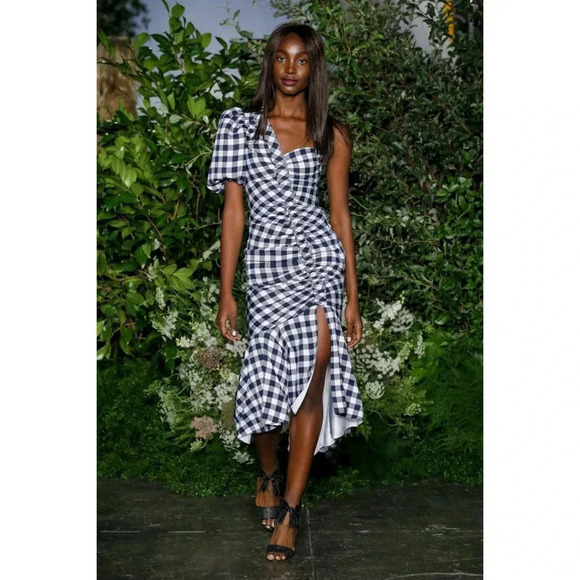 Jonathan Simkhai Lux Twill One-Shoulder Gingham Dress Navy Size 8 - Picture 5 of 10